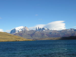 Water below the mountain peaks in Chile.