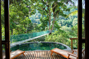 Bridge leading to treetop room in Costa Rica.
